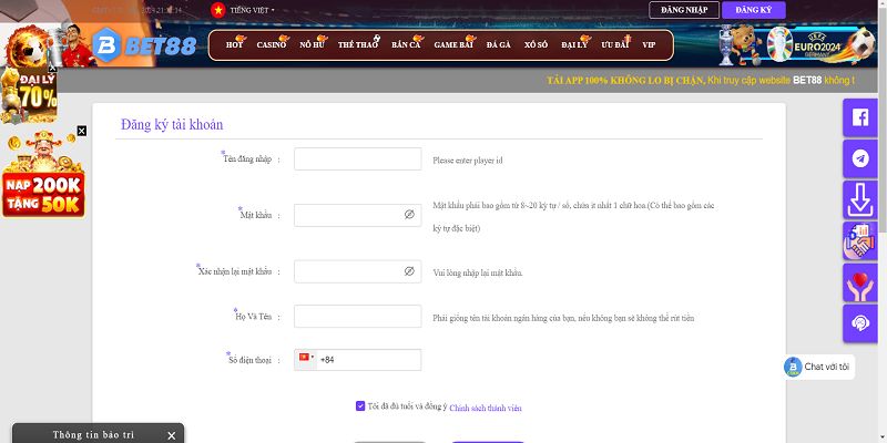 Đăng ký Bet88 qua website khi trải nghiệm săn thưởng